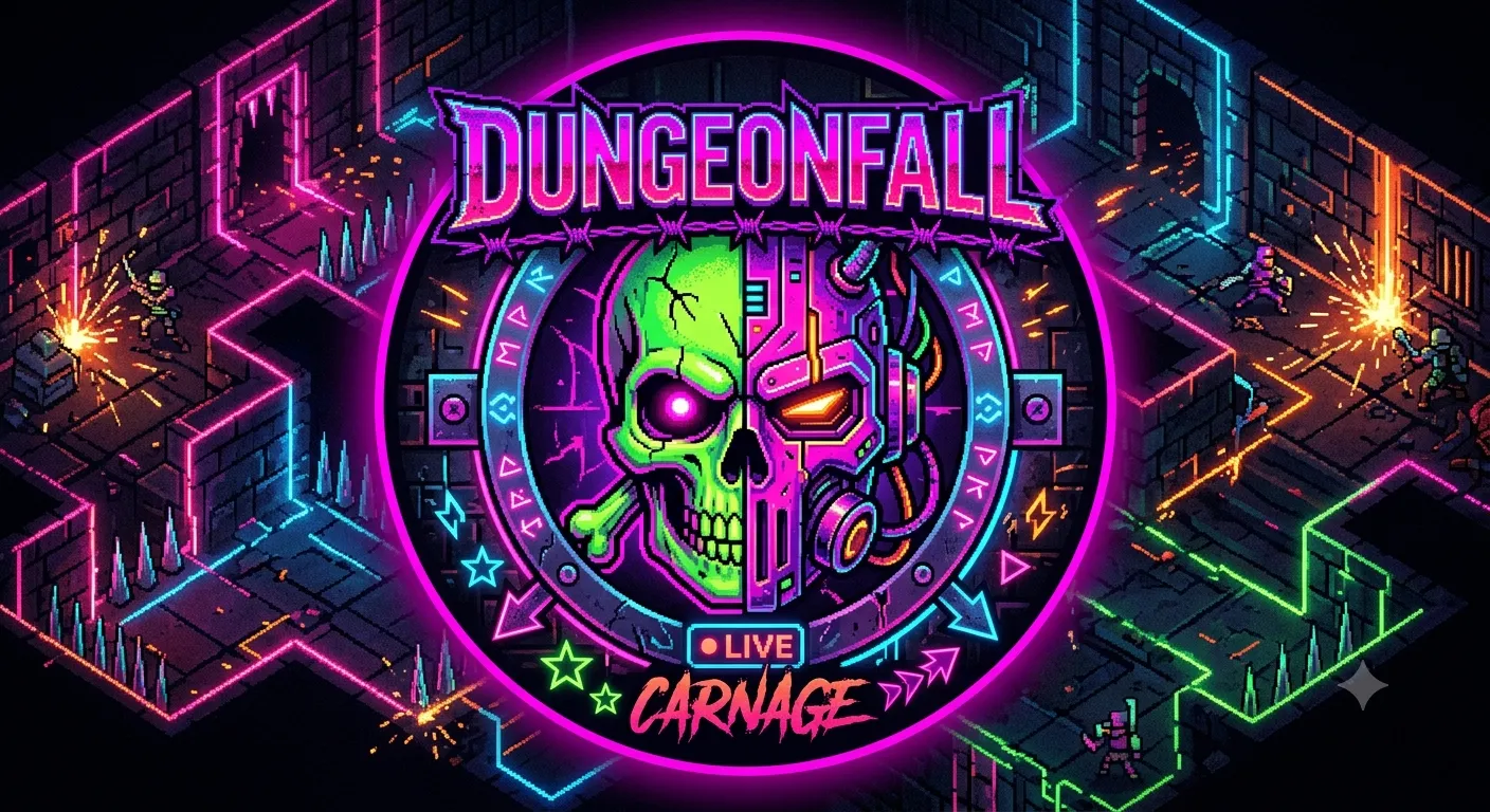 Neon pixel-art key art for Dungeonfall — a half-skull, half-machine emblem glowing over an isometric dungeon, captioned Live Carnage.
